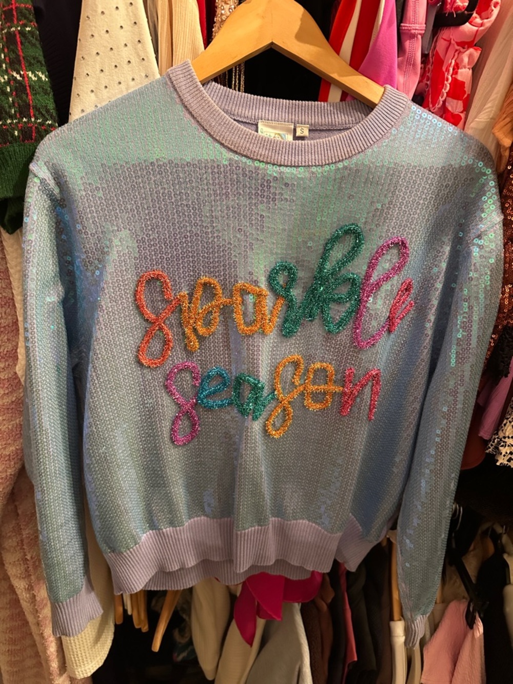 Queen of Sparkles Sparkle Season Sequin Pullover Sweater - blue/lavender Small